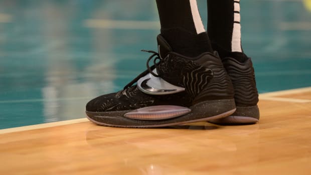 Brooklyn Nets forward Kevin Durant wears his Nike KD 14 shoes against the Charlotte Hornets on March 8, 2022.